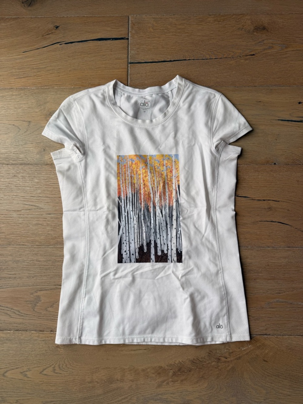 ALO Yoga White Short Sleeve Tee with Autumn Forest Graphic